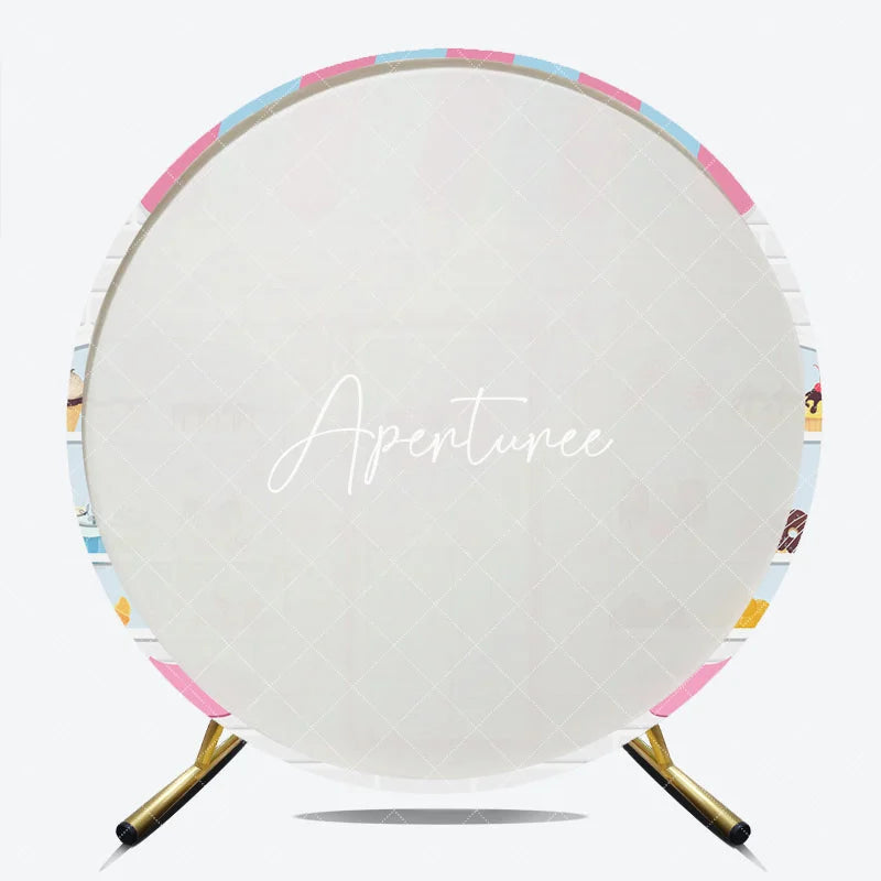 Aperturee - Aperturee Cute Cartoon Sweet Shop Dessert Round Backdrop Pink and Blue Awning Bakery Theme Birthday Party Decor.