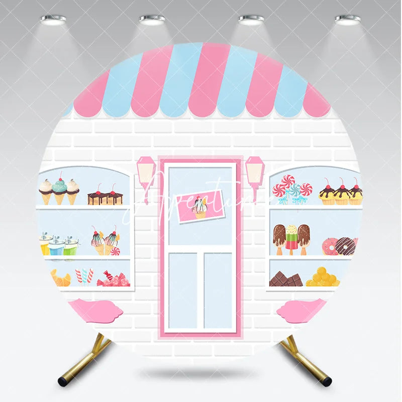 Aperturee - Aperturee Cute Cartoon Sweet Shop Dessert Round Backdrop Pink and Blue Awning Bakery Theme Birthday Party Decor.
