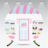Aperturee - Aperturee Cute Cartoon Sweet Shop Dessert Round Backdrop Pink and Blue Awning Bakery Theme Birthday Party Decor.