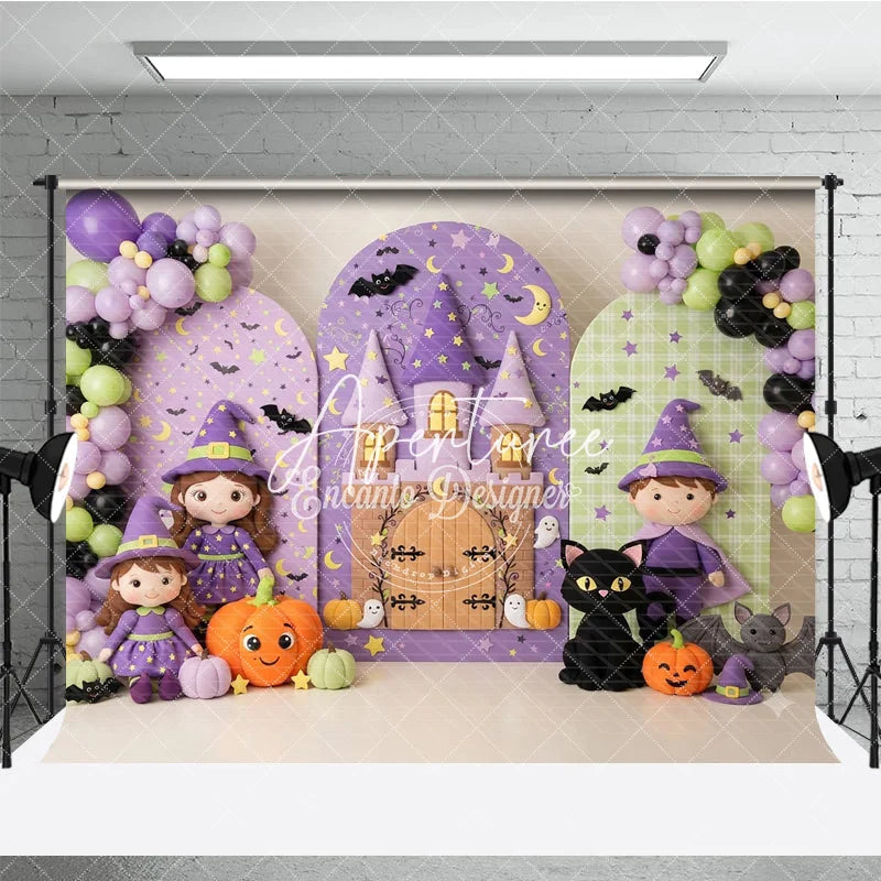 Aperturee - Aperturee Cute Cartoon Witch and Castle Halloween Photography Backdrop Purple Green Stars Moon Pumpkin Bat Party Decor