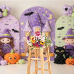 Aperturee - Aperturee Cute Cartoon Witch and Castle Halloween Photography Backdrop Purple Green Stars Moon Pumpkin Bat Party Decor