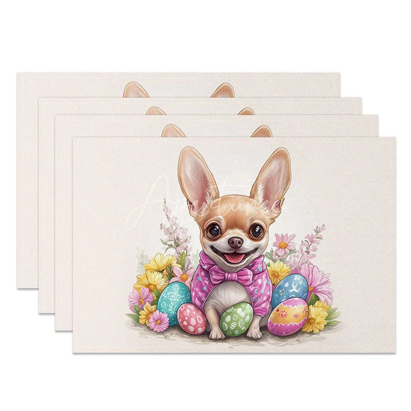 Aperturee - Aperturee Cute Chihuahua Easter Set of 4 Placemats Dog with Spring Flowers Pet Lover Holiday Table Mats