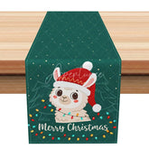 Aperturee - Aperturee Cute Christmas Llama with Santa Hat Table Runner ’Merry Christmas’ on Green Fun Holiday Decor