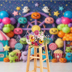 Aperturee - Aperturee Cute Colorful Carnival Ferris Wheel Photography Backdrop with Pumpkins Balloons and Monsters for Kids Birthday Party