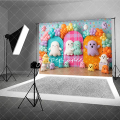 Aperturee - Aperturee Cute Colorful Ghost Photography Backdrop Balloon Arches Polka Dot and Plaid Panels perfect for Kids Birthday Party
