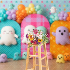 Aperturee - Aperturee Cute Colorful Ghost Photography Backdrop Balloon Arches Polka Dot and Plaid Panels perfect for Kids Birthday Party