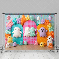 Aperturee - Aperturee Cute Colorful Ghost Photography Backdrop Balloon Arches Polka Dot and Plaid Panels perfect for Kids Birthday Party