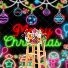 Aperturee - Aperturee Cute Colorful Neon Black Merry Christmas Backdrop