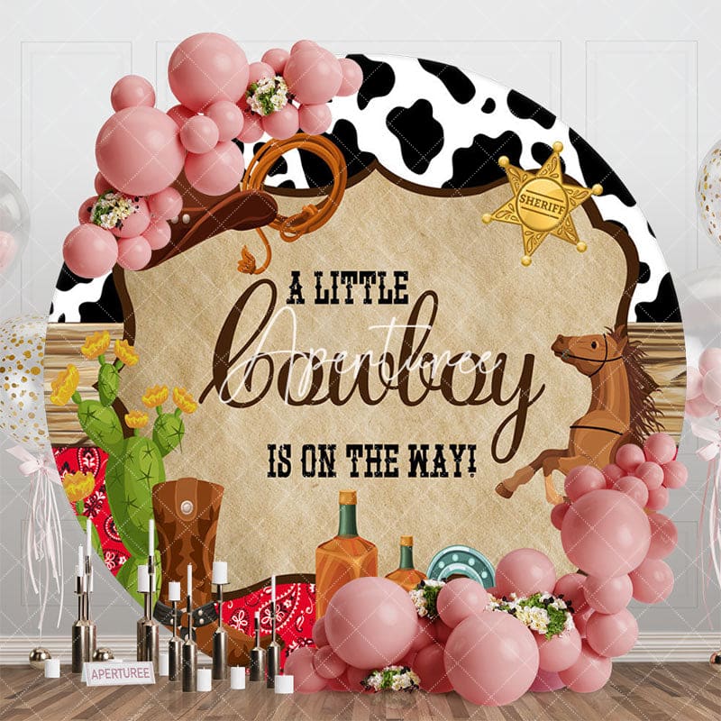 Aperturee - Aperturee Cute Cowboy Is On The Way Round Baby Shower Backdrop