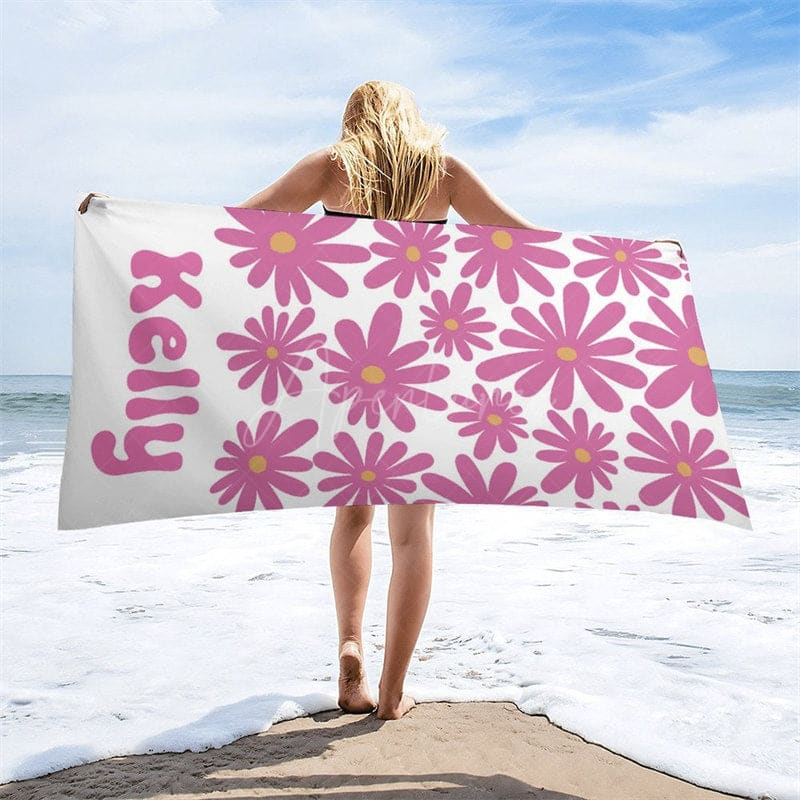 Aperturee - Aperturee Cute Daisy Floral Custom Name Beach Towel For Summer
