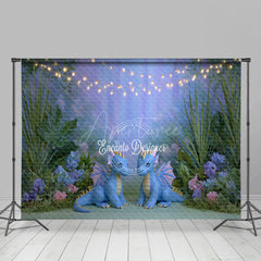 Aperturee - Aperturee Cute Dragons in Enchanted Forest Photography Backdrop String Lights for Birthday Fairytale Cake Smash Background