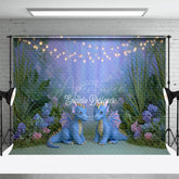 Aperturee - Aperturee Cute Dragons in Enchanted Forest Photography Backdrop String Lights for Birthday Fairytale Cake Smash Background