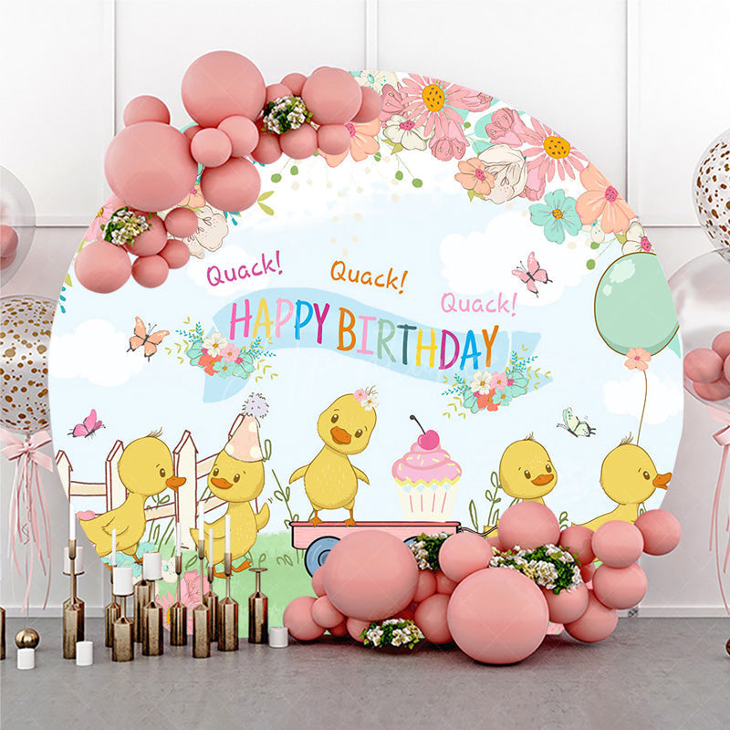 Aperturee Aperturee Cute Duck Happy Birthday Round Backdrop Spring Floral Garden Party Banner Quack Quack Little Duckling Photo Prop