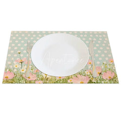 Aperturee - Aperturee Cute Easter Bunny Set of 4 Placemats Blue Polka Dot Pink Flower Rabbit Table Mats for Spring