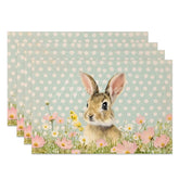 Aperturee - Aperturee Cute Easter Bunny Set of 4 Placemats Blue Polka Dot Pink Flower Rabbit Table Mats for Spring