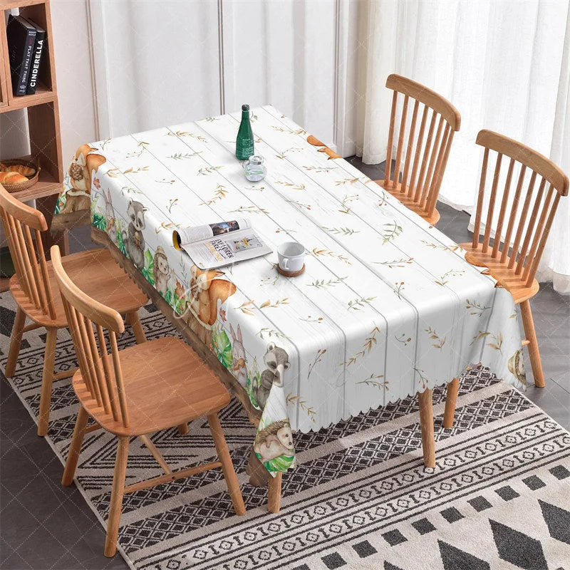 Aperturee - Aperturee Cute Forest Animals Rectangle Tablecloth Rustic White Wood and Greenery for Baby Shower or Birthday Party