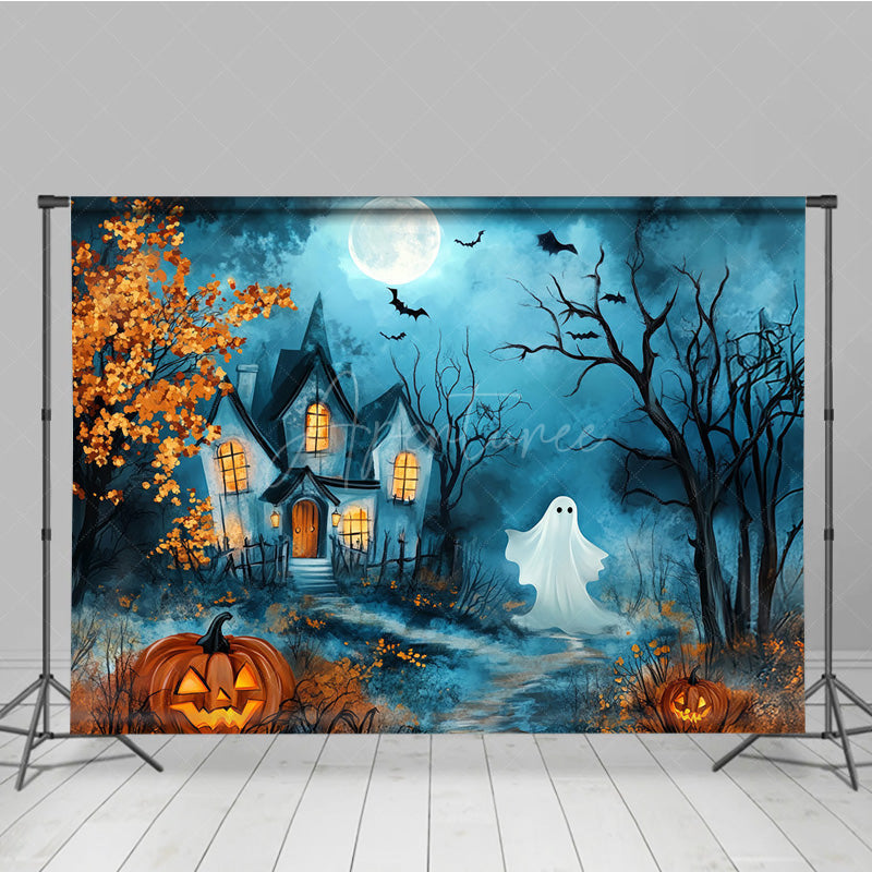 Aperturee - Aperturee Cute Ghost and Haunted House Photography Backdrop Whimsical Cartoon Halloween Scene for Kids Spooky Party Photos