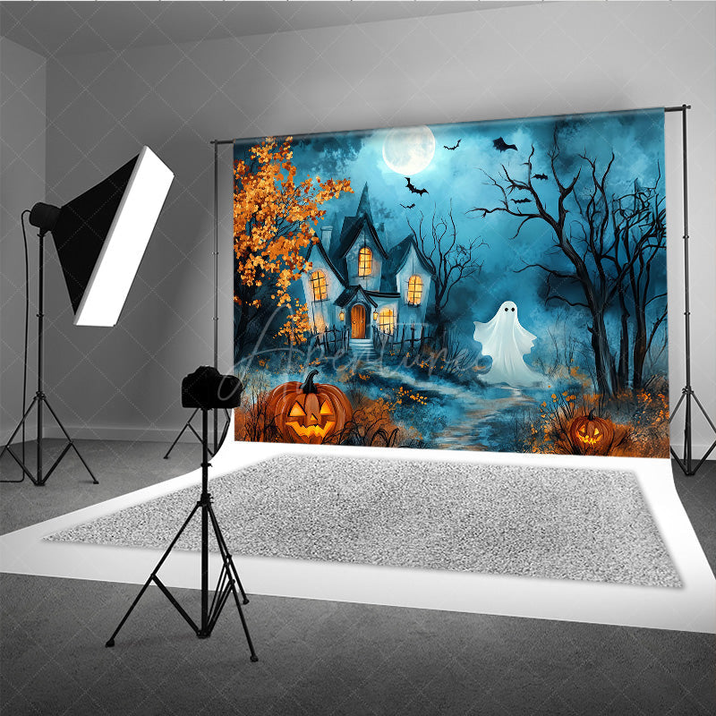 Aperturee - Aperturee Cute Ghost and Haunted House Photography Backdrop Whimsical Cartoon Halloween Scene for Kids Spooky Party Photos