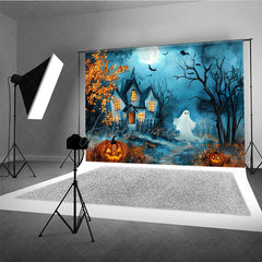 Aperturee - Aperturee Cute Ghost and Haunted House Photography Backdrop Whimsical Cartoon Halloween Scene for Kids Spooky Party Photos