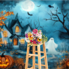 Aperturee - Aperturee Cute Ghost and Haunted House Photography Backdrop Whimsical Cartoon Halloween Scene for Kids Spooky Party Photos