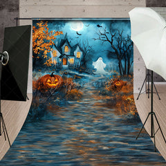 Aperturee - Aperturee Cute Ghost and Haunted House Sweep Backdrop Whimsical Cartoon Halloween Scene for Kids Spooky Party Photos