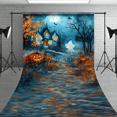 Aperturee - Aperturee Cute Ghost and Haunted House Sweep Backdrop Whimsical Cartoon Halloween Scene for Kids Spooky Party Photos