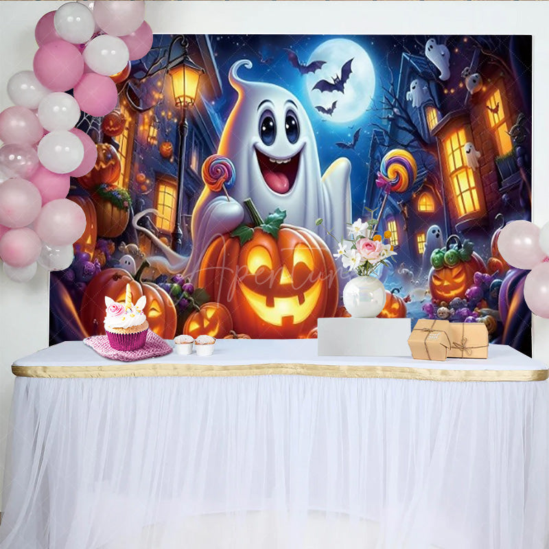 Aperturee - Aperturee Cute Ghost Halloween Birthday Backdrop Spooky Pumpkin and Jack-o-lanterns Trick or Treat Party Photo Booth Decor