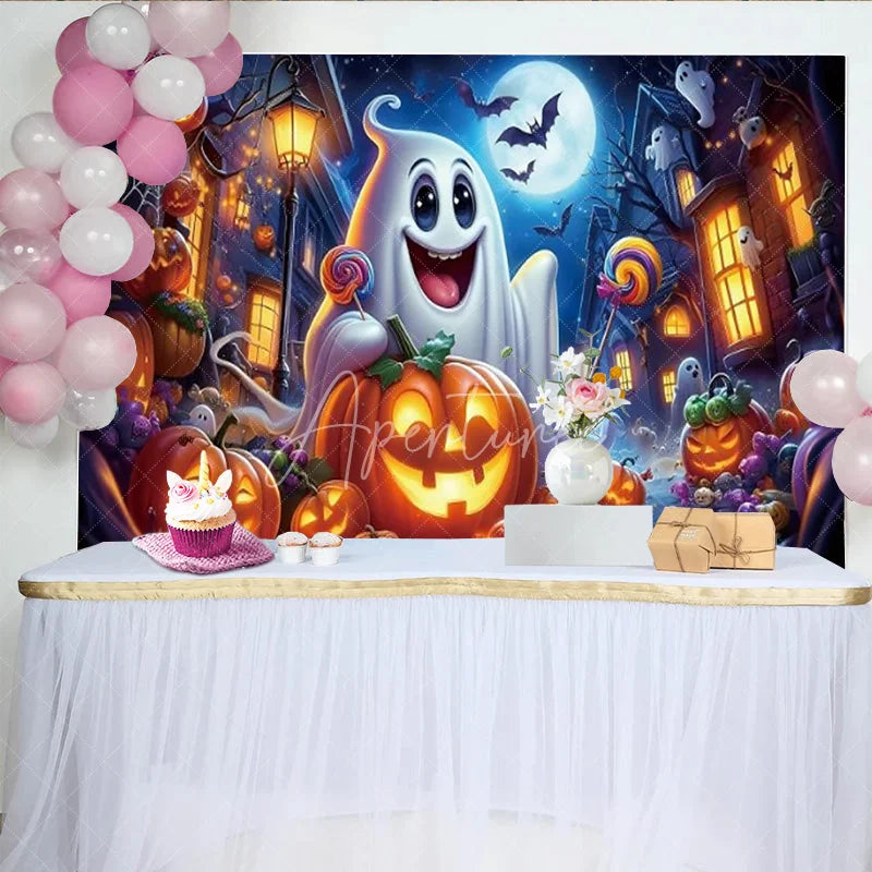 Aperturee - Aperturee Cute Ghost Halloween Birthday Backdrop Spooky Pumpkin and Jack-o-lanterns Trick or Treat Party Photo Booth Decor