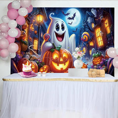 Aperturee - Aperturee Cute Ghost Halloween Birthday Backdrop Spooky Pumpkin and Jack-o-lanterns Trick or Treat Party Photo Booth Decor