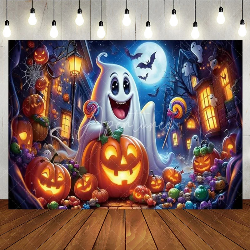 Aperturee - Aperturee Cute Ghost Halloween Birthday Backdrop Spooky Pumpkin and Jack-o-lanterns Trick or Treat Party Photo Booth Decor