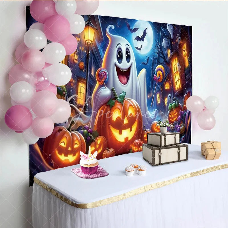 Aperturee - Aperturee Cute Ghost Halloween Birthday Backdrop Spooky Pumpkin and Jack-o-lanterns Trick or Treat Party Photo Booth Decor