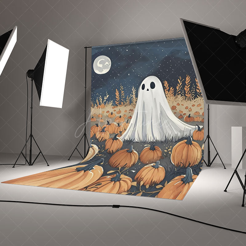 Aperturee Aperturee Cute Ghost in Pumpkin Patch Halloween Backdrop Spooky Night with Full Moon Whimsical Autumn Party Photo Prop