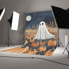 Aperturee Aperturee Cute Ghost in Pumpkin Patch Halloween Backdrop Spooky Night with Full Moon Whimsical Autumn Party Photo Prop