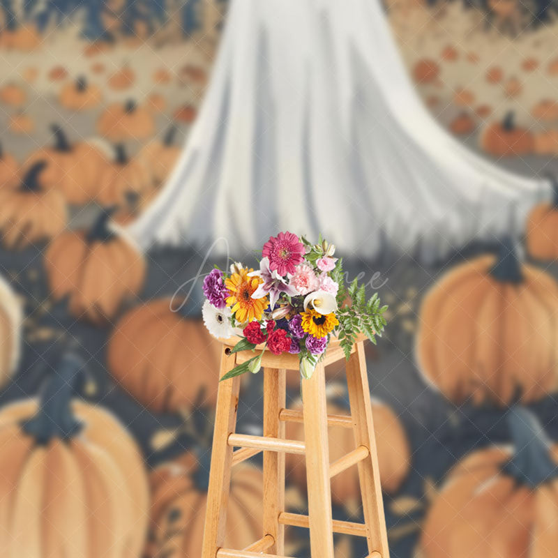 Aperturee Aperturee Cute Ghost in Pumpkin Patch Halloween Backdrop Spooky Night with Full Moon Whimsical Autumn Party Photo Prop