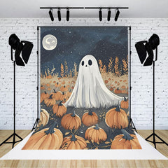 Aperturee Aperturee Cute Ghost in Pumpkin Patch Halloween Backdrop Spooky Night with Full Moon Whimsical Autumn Party Photo Prop