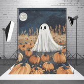 Aperturee Aperturee Cute Ghost in Pumpkin Patch Halloween Backdrop Spooky Night with Full Moon Whimsical Autumn Party Photo Prop
