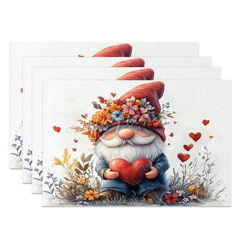 Aperturee - Aperturee Cute Gnome Holding Heart Set of 4 Placemats Floral Hat Valentine Decoration Red Love Table Mat