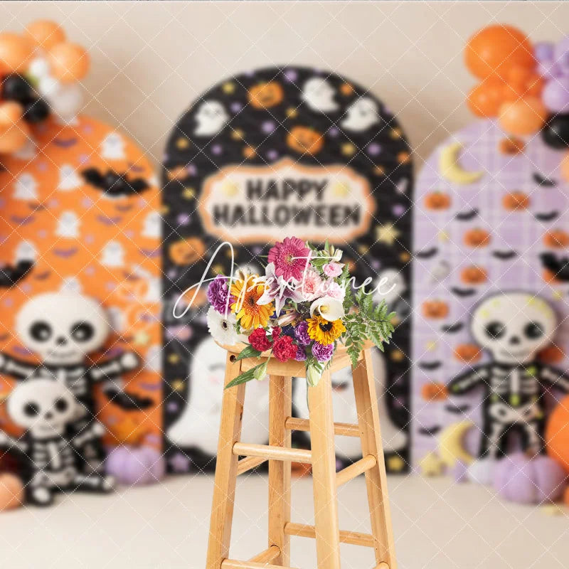 Aperturee - Aperturee Cute Halloween Ghosts and Pumpkins Photography Backdrop with Arched Panels Festive Balloons and Bats Decor