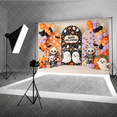 Aperturee - Aperturee Cute Halloween Ghosts and Pumpkins Photography Backdrop with Arched Panels Festive Balloons and Bats Decor