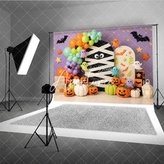 Aperturee - Aperturee Cute Halloween Mummy Ghosts and Pumpkins Photography Backdrop Purple Orange Green Balloons Party Decor