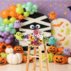 Aperturee - Aperturee Cute Halloween Mummy Ghosts and Pumpkins Photography Backdrop Purple Orange Green Balloons Party Decor