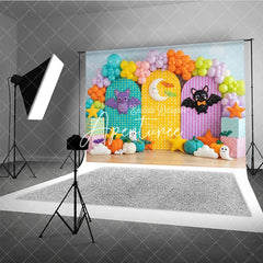 Aperturee - Aperturee Cute Halloween Photography Backdrop with Colorful Bats Crescent Moon Pumpkins and Balloons for Kids Birthday Party