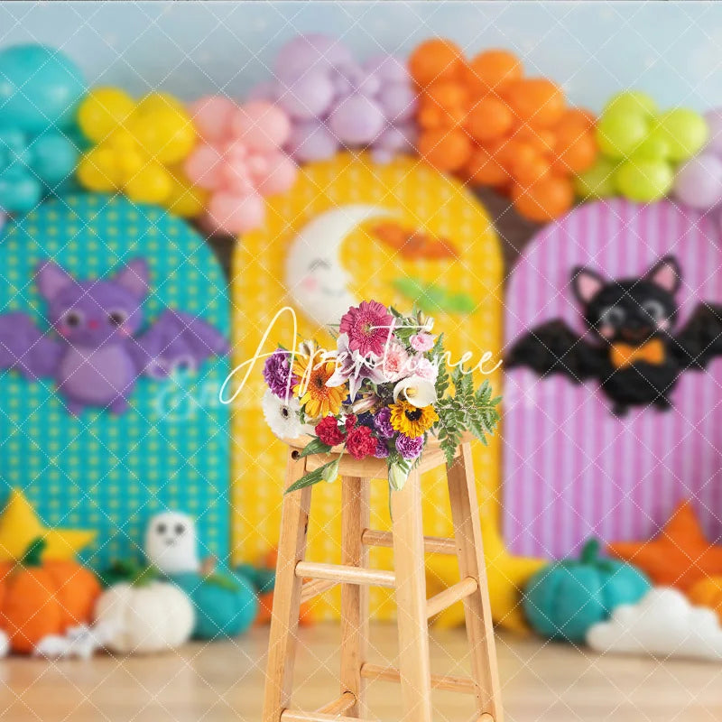 Aperturee - Aperturee Cute Halloween Photography Backdrop with Colorful Bats Crescent Moon Pumpkins and Balloons for Kids Birthday Party
