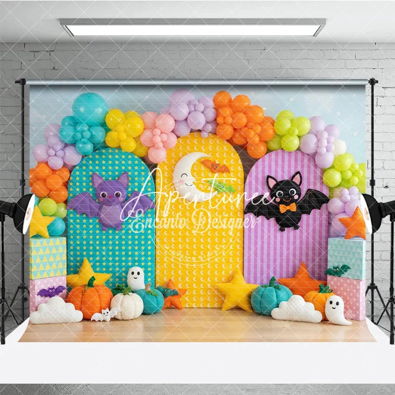 Aperturee - Aperturee Cute Halloween Photography Backdrop with Colorful Bats Crescent Moon Pumpkins and Balloons for Kids Birthday Party