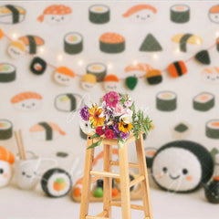 Aperturee - Aperturee Cute Kawaii Sushi Pattern and Plush Toy Photo Backdrop Japanese Food Birthday Photography Background