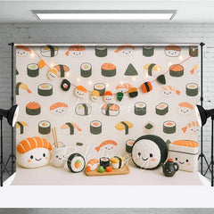 Aperturee - Aperturee Cute Kawaii Sushi Pattern and Plush Toy Photo Backdrop Japanese Food Birthday Photography Background