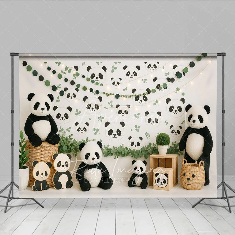 Aperturee - Aperturee Cute Panda Bear Photography Backdrop Green Eucalyptus Leaves and Panda Face Photo Background