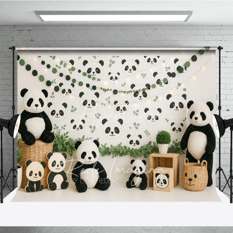 Aperturee - Aperturee Cute Panda Bear Photography Backdrop Green Eucalyptus Leaves and Panda Face Photo Background