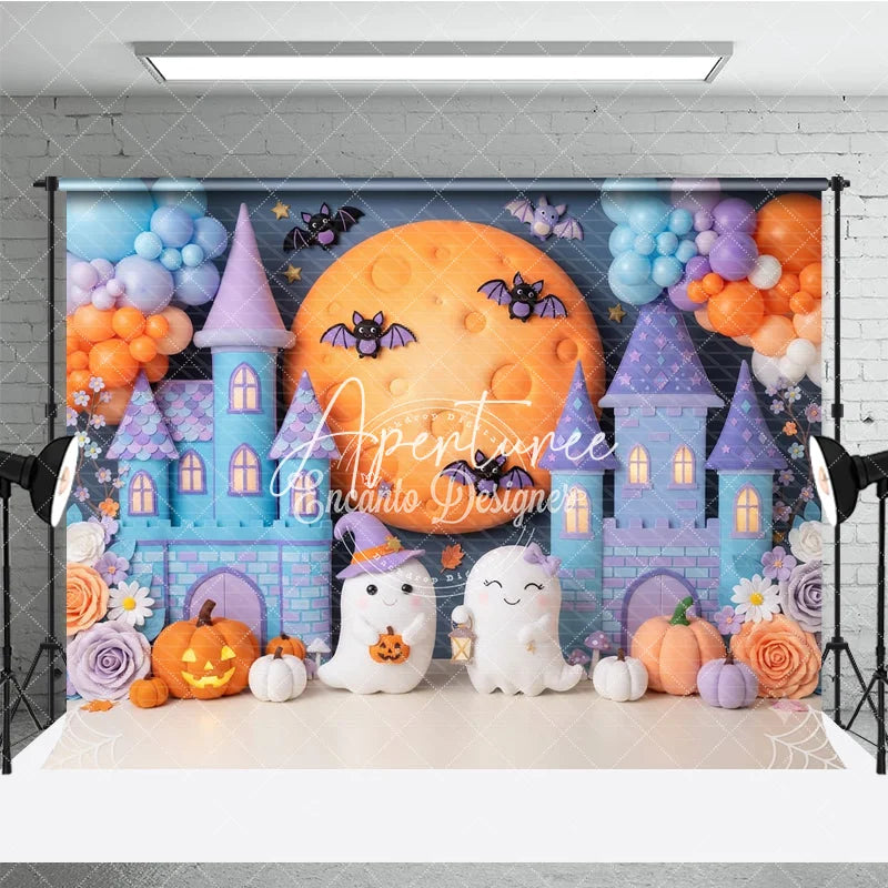 Aperturee - Aperturee Cute Pastel Halloween Castle Photography Backdrop with Friendly Ghosts Moon Bats and Pumpkins for Kids Party Decor