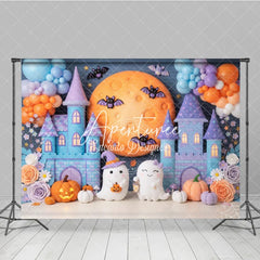 Aperturee - Aperturee Cute Pastel Halloween Castle Photography Backdrop with Friendly Ghosts Moon Bats and Pumpkins for Kids Party Decor